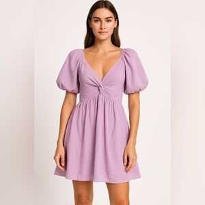 &merci Anthropologie Lilac Puff Sleeve Twist Front Babydoll Mini Dress